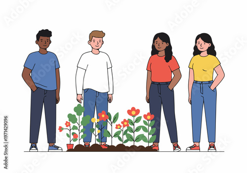 Diverse group of young people gardening and planting flowers together in a community garden.