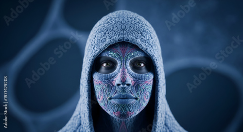 Digital face mask with intricate circuit board pattern and glowing details, person wearing a hooded sweatshirt, conceptual representation of technology, identity, and data privacy