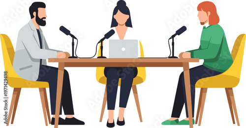 Professional Podcast Session Featuring Three Diverse Individuals Discussing Content with Microphones and a Laptop in a Modern Studio SettingProfessional Podcast Session Featuring Three Diverse Individ