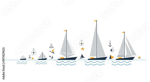 Set of various sailboats on water with compass and anchor icons
