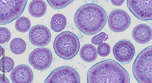 Microscopic view of cross-sections of ovules showing intricate cellular structure in shades of purple and blue, science background, biology research, detailed pattern