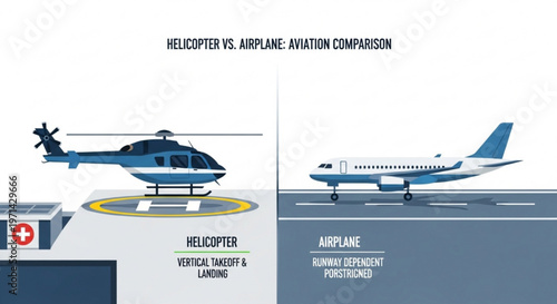 Helicopter versus airplane aviation comparison infographic on blue background