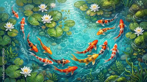Colorful Koi Fish Pond Illustration with Lily Pads and Turquoise Water Art
