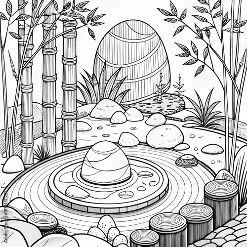 Zen garden, Japanese landscape, black and white illustration, stone water feature