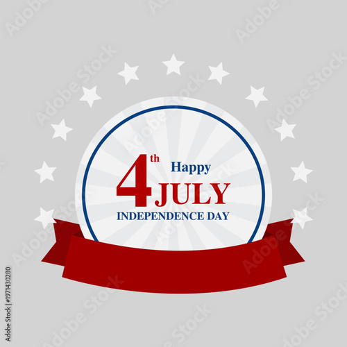 Patriotic 4th of July badge with stars circle and red ribbon banner. Clean flat vector illustration isolated on light background, perfect for Independence Day cards, posters, banners and holiday