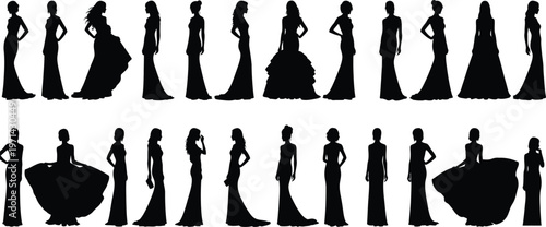 Set of twenty four elegant female silhouettes in long evening gowns and formal fashion poses isolated on white background collection