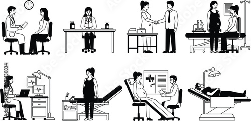 Medical Healthcare Vector Silhouette Set Featuring Doctors Consulting Pregnant Women, Maternity Checkups, Ultrasound Exams, and Hospital Patient Care Scenarios, 20 Words.