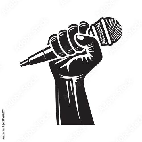 A black and white illustration of a clenched fist holding a microphone, representing powerful speech, activism, or public speaking.