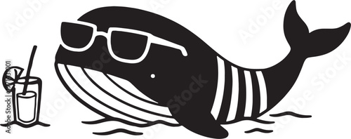whale wearing sunglasses next to a cocktail