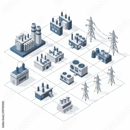 Isometric Industrial Power Plant and Electrical Grid Infrastructure.