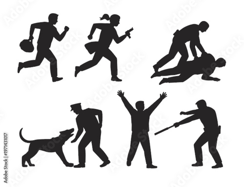 Police officer silhouette set showing crime pursuit, arrest, K9 dog, running thief, suspect surrendering, law enforcement security action vector illustration.