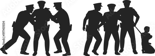 Police officers silhouettes apprehending suspects, law enforcement arrest scene vector illustration, security team restraining criminals, crime prevention and control concept.