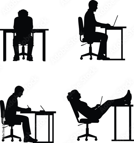 Silhouette desk workers, different postures, laptop use, writing, reclining chair, fatigue, productivity, office behavior, workplace attitudes, creative illustration, business concep