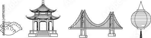San Francisco Chinatown Vector Elements Set Featuring Golden Gate Bridge, Traditional Pagoda Temple, Dim Sum Dumplings, and Red Lantern Iconography, 20 Words.