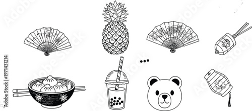Taiwan Cultural Vector Icons Set Featuring Bubble Tea, Pineapple, Dumplings, Folding Fans, Lanterns, and Bear Head for Travel and Food Design, 20 Words.