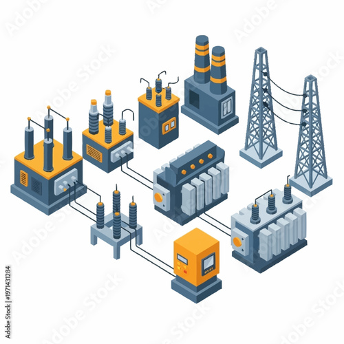 Isometric Power Station Equipment and Transmission Towers Illustration.