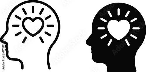 Minimalist mental health and emotional intelligence icons featuring a heart inside a human head silhouette in outline and solid styles for mindfulness and psychology design