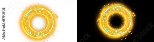 PNG image of Golden glowing circle effect with electric lightning sparks and swirling light particles isolated on a high quality on transparent background