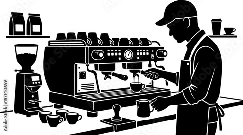 Man making coffee in cafe.