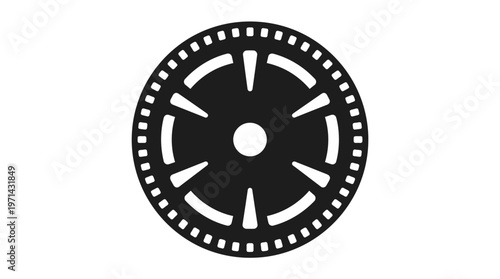 Black and white film reel icon with perforations on isolated white background.