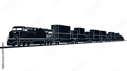 Black silhouette of a freight train with cargo containers on isolated white background.