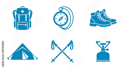 Blue set of camping and hiking adventure icons on a bright studio background, outdoor activity concept.