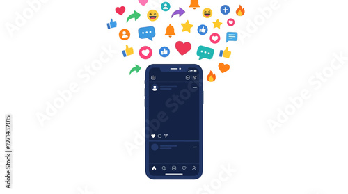 Smartphone with Floating Social Media Notification Icons, Digital Communication and Engagement, isolated white background