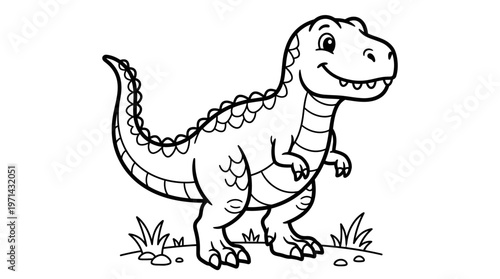 Smiling cartoon dinosaur standing alone.