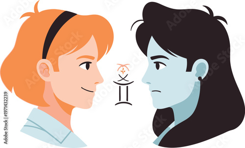 Gemini zodiac sign shows dual personalities with differing expressions.