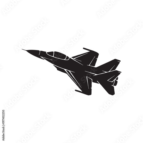 A powerful military F-16 fighter jet aircraft flies through the sky with its wings spread for a combat flight mission in this vector illustration aviation silhouette symbol of air war transport