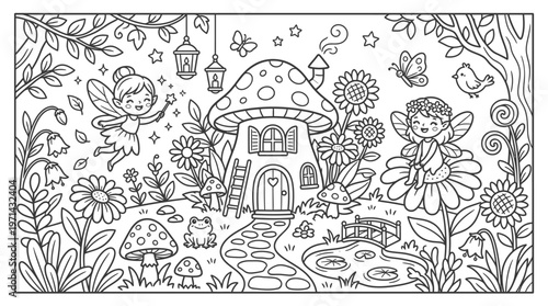 Enchanted Fairy Garden with Mushroom House Coloring Page on Isolated White Background