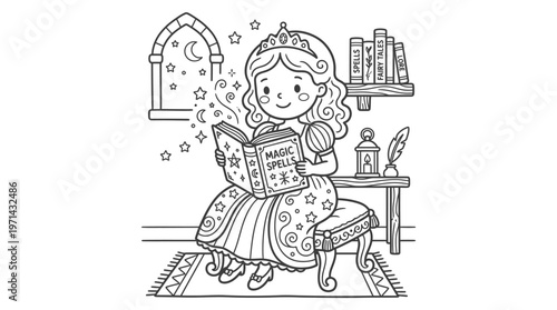 Little girl reading a book happily.