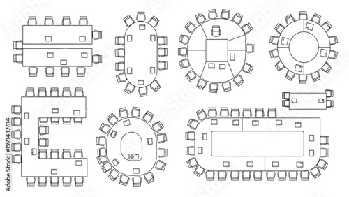 Various arrangements of meeting tables and chairs for conference rooms