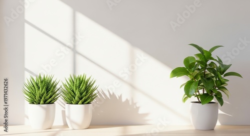 Indoor home scene with plants in pots. Sunlight casts shadows on light wooden surface, wall. Minimalist design with clean lines, empty space. Ideal for zoom background home decor inspiration.