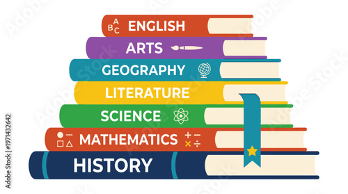 Stack of multicolored educational textbooks.