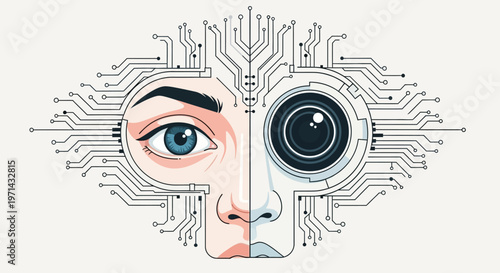 Cyborg Face with Human and Camera Eye.