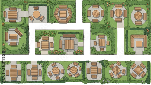 Aerial view of diverse outdoor seating arrangements in a landscaped garden setting