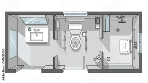 Top-down view of an accessible, modern bathroom layout with spacious design