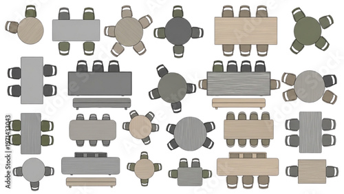 Diverse top-down vector graphics of tables and chairs, ideal for modern office and dining room layouts