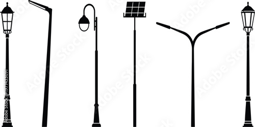 Street light pole collection with vintage, modern and solar lamp post silhouettes isolated on white background, urban infrastructure vector set