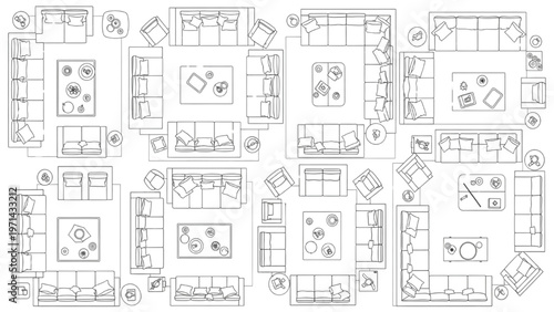 Comprehensive Vector Set of Diverse Living Room Furniture Layouts and Floor Plans