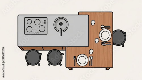 Top-down view of a modern kitchen counter with stools and dining table