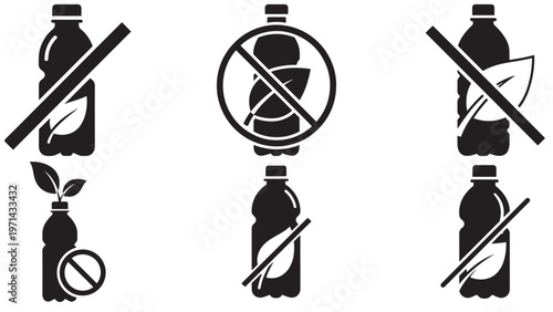 Minimalist Black And White Vector Icons Illustrating No Plastic Bottles And Eco-Friendly Sustainable Alternatives, Promoting Environmental Protection And Zero Waste Initiatives.