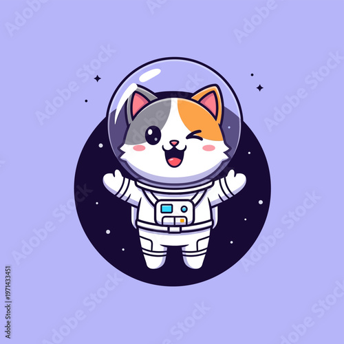 Cute, cheerful calico cat mascot character in a white astronaut suit with a clear bubble helmet, winking happily, floating against a dark space circle with stars on a light lavender background.