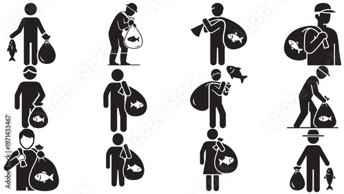 Vector black silhouette icons of people fishing, holding fresh catch, and carrying bags of harvested fish, depicting hobby, leisure, and angling.