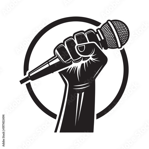 A powerful fist grasping a microphone in front of a circular logo, symbolizing strong expression or activism, ideal for music, protest, or motivational themes.