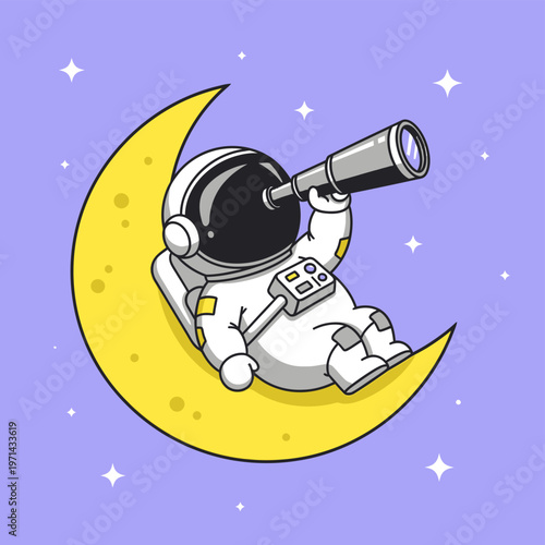 Chubby cartoon astronaut in a white spacesuit lying on a yellow crescent moon, using a telescope to observe the starry purple sky. Cute space exploration vector illustration.