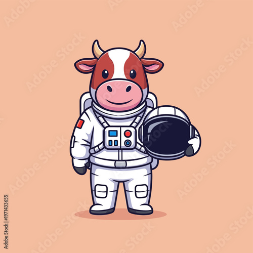 Cute anthropomorphic cartoon cow astronaut in a white spacesuit, equipped with control panel and backpack, holding a black helmet. Isolated character on a soft peach background.