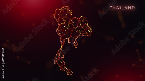 A dynamic motion video showcasing the Thailand country border through a colorful plexus reveal. Glowing red and orange dots represent high-tech data communication and global digital networks.