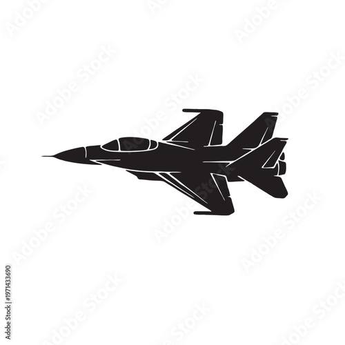  A powerful military F-16 fighter jet aircraft flies through the sky with its wings spread for a combat flight mission in this vector illustration aviation silhouette symbol of air war transport